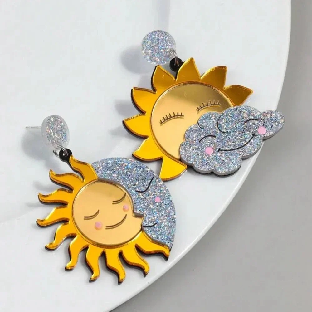 2/$30🌵 Sun & Moon Earrings Mirrored Acrylic Large Pop Art Celestial Glitter NEW